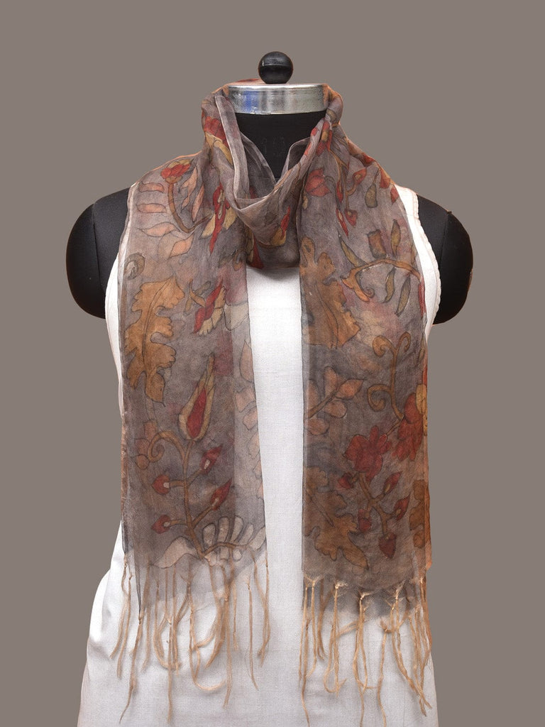 Grey Kalamkari Hand Painted Organza Stole with Floral Design ds3297