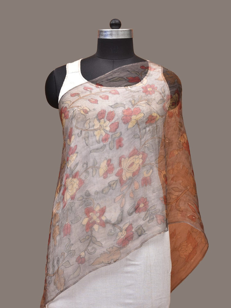 Grey Kalamkari Hand Painted Organza Stole with Floral Design ds3297