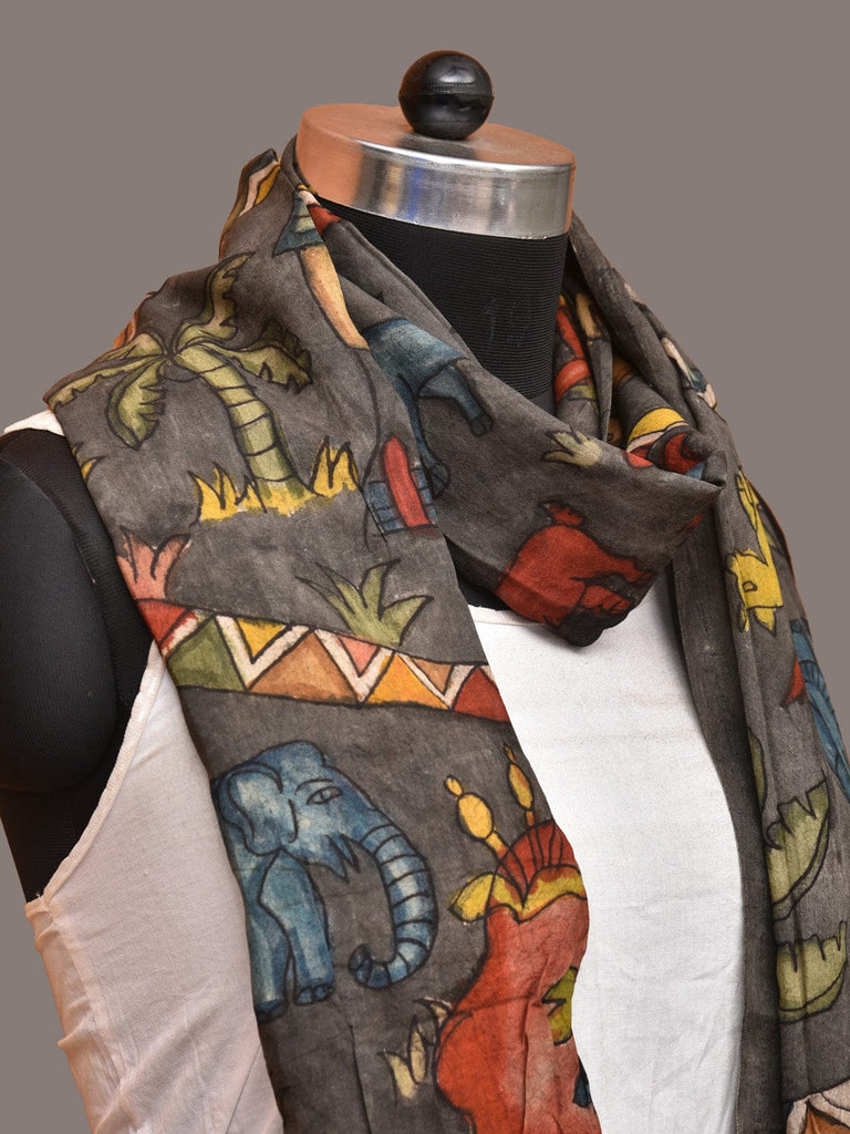 Grey Kalamkari Hand Painted Sico Stole with Village and Animals Theme Design ds3247