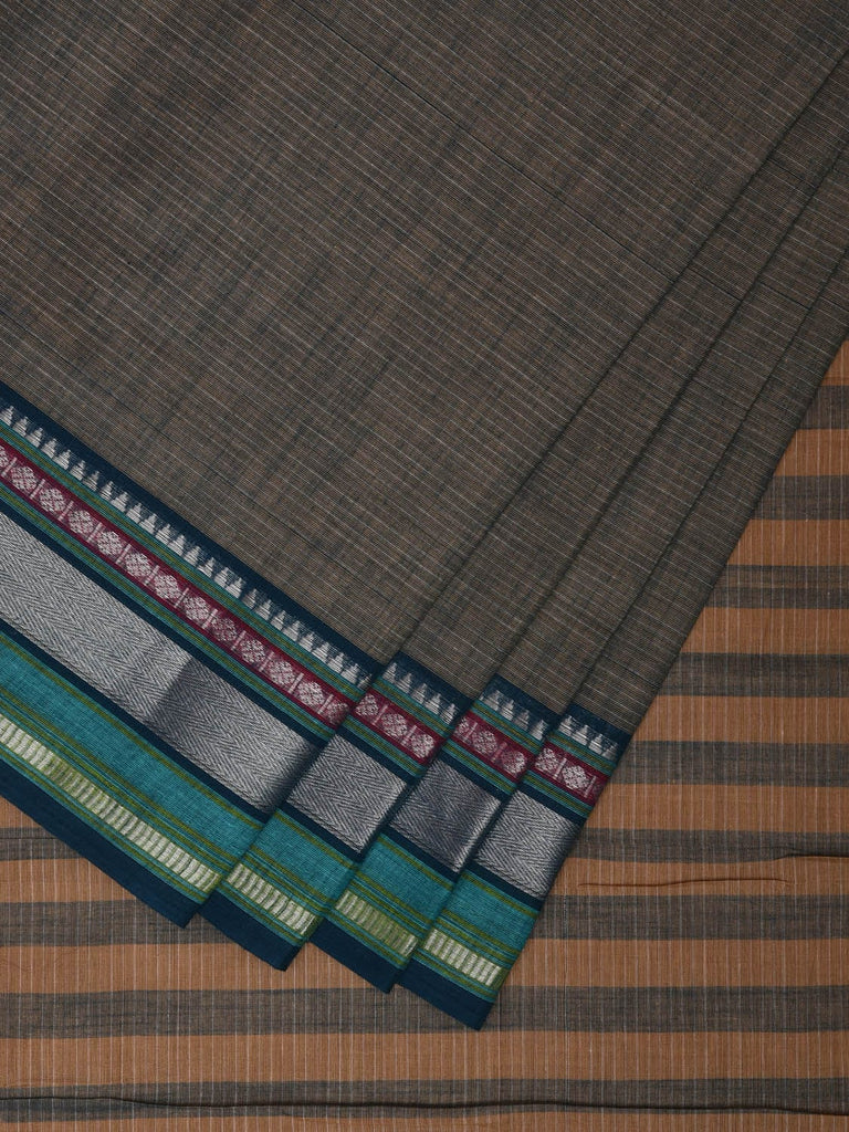 Grey Kanchipuram Cotton Saree with Strips Pallu and Border Design k0533