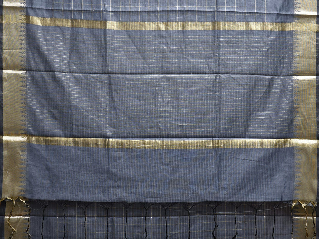 Grey Mangalgiri Cotton Handloom Saree with Checks and Temple Border Design mn0113