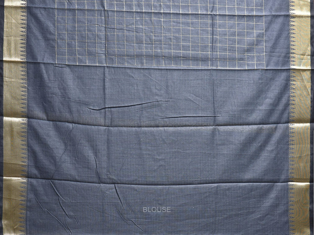 Grey Mangalgiri Cotton Handloom Saree with Checks and Temple Border Design mn0113
