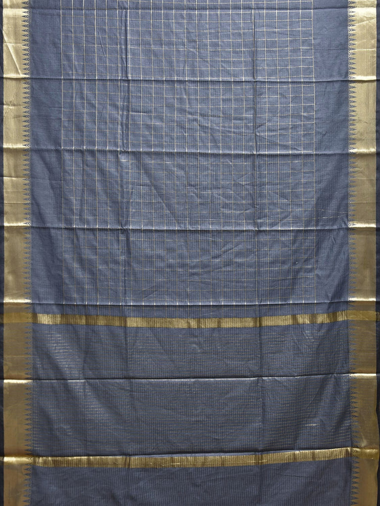 Grey Mangalgiri Cotton Handloom Saree with Checks and Temple Border Design mn0113