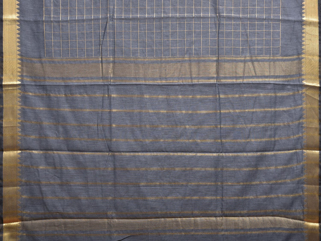 Grey Mangalgiri Cotton Saree with Checks and Strips Pallu Design mn0091