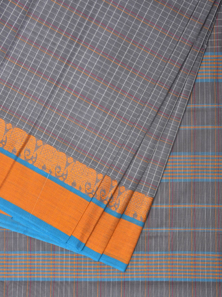 Grey Narayanpet Cotton Handloom Saree with Elephant Border Design No Blouse np0779