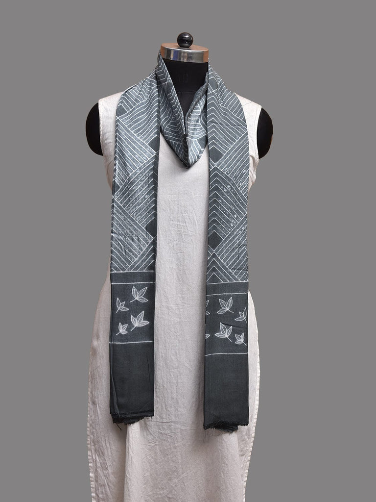 Grey Shibori Cotton Satin Weave Dupatta with Geometric and Leaves Design ds3811