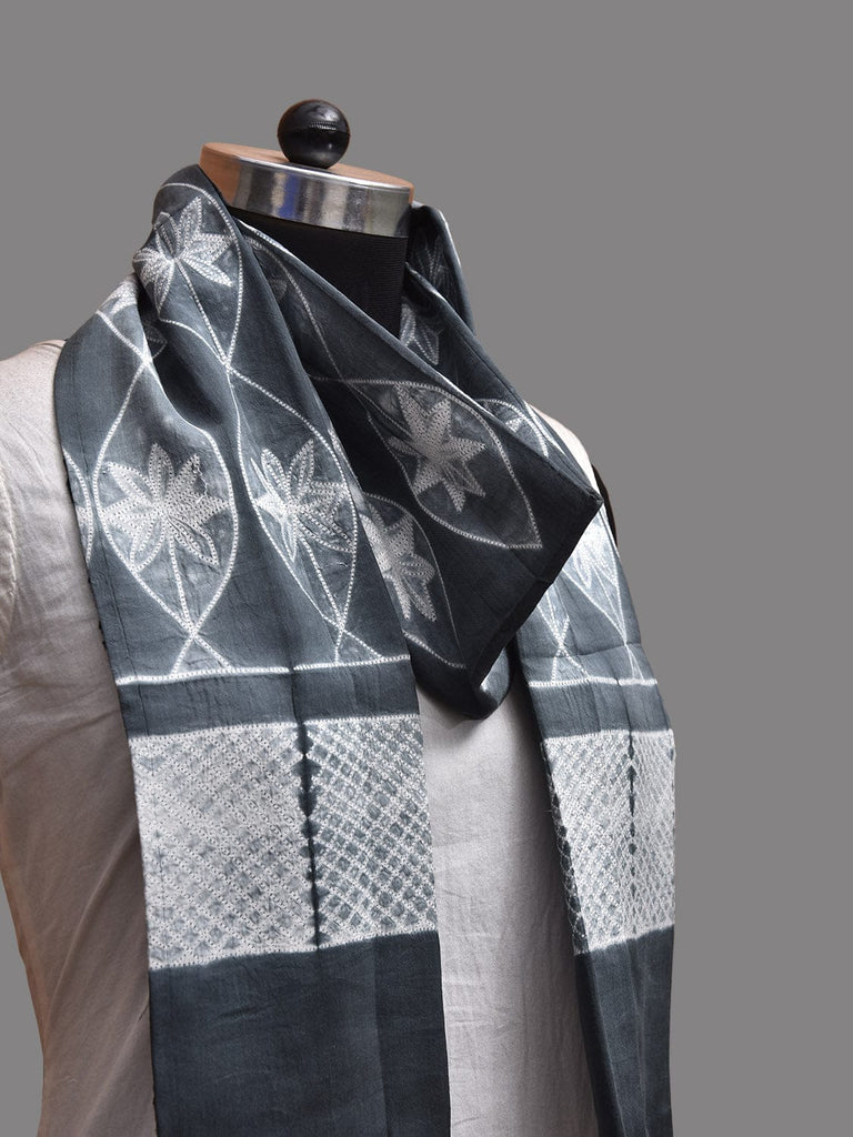 Grey Shibori Cotton Stole with Flowers and Grill Design ds3814