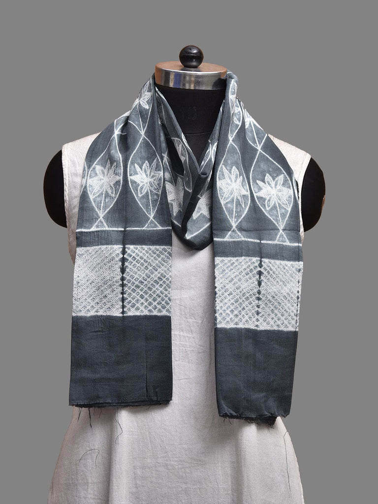 Grey Shibori Cotton Stole with Flowers and Grill Design ds3814