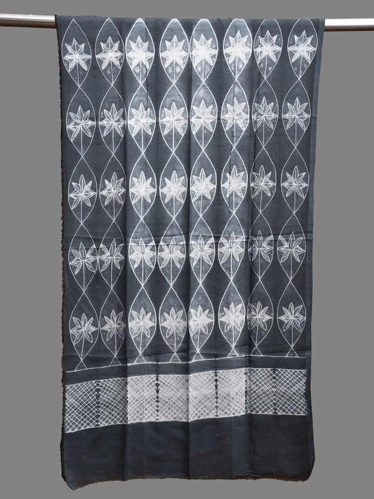 Grey Shibori Cotton Stole with Flowers and Grill Design ds3814