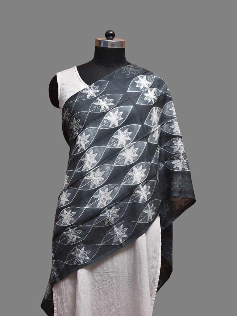 Grey Shibori Cotton Stole with Flowers and Grill Design ds3814