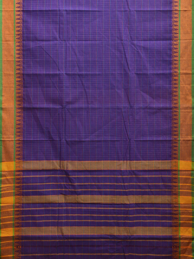 Indigo Narayanpet Cotton Handloom Saree with Checks and Temple Border Design No Blouse np0947