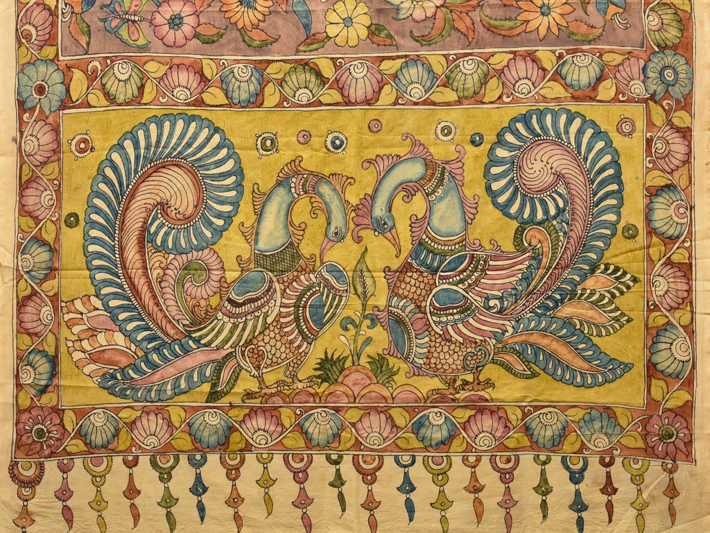 Khaki and Yellow Kalamkari Hand Painted Silk Handloom Saree with Floral and Peacocks Pallu Design KL0762