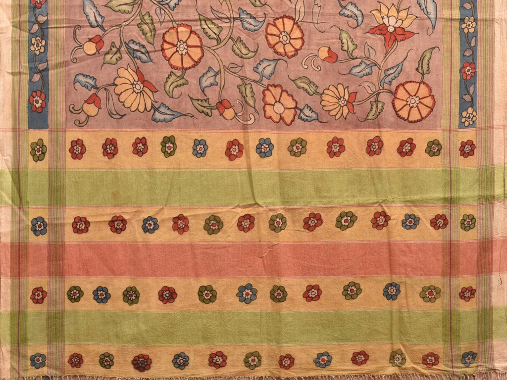 Khaki Kalamkari Hand Painted Mangalgiri Cotton Handloom Saree with Floral Design KL0774