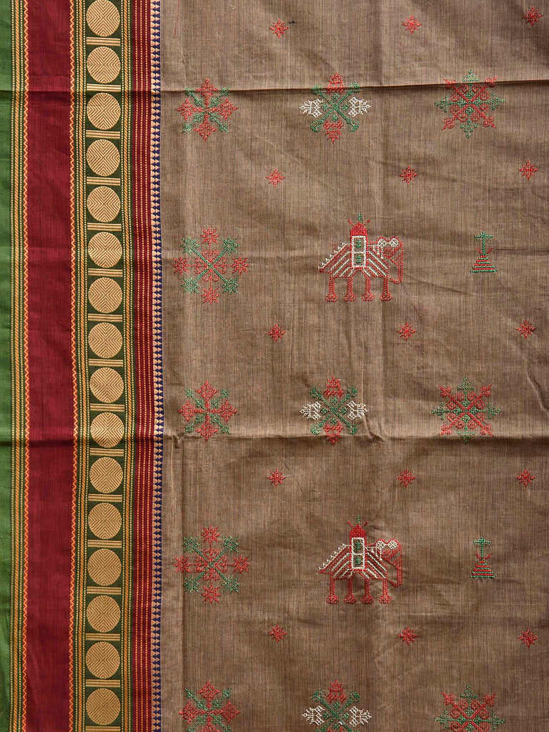 Khaki Kasuti Kanchipuram Cotton Saree with Elephant Buta and Border Design ku0021
