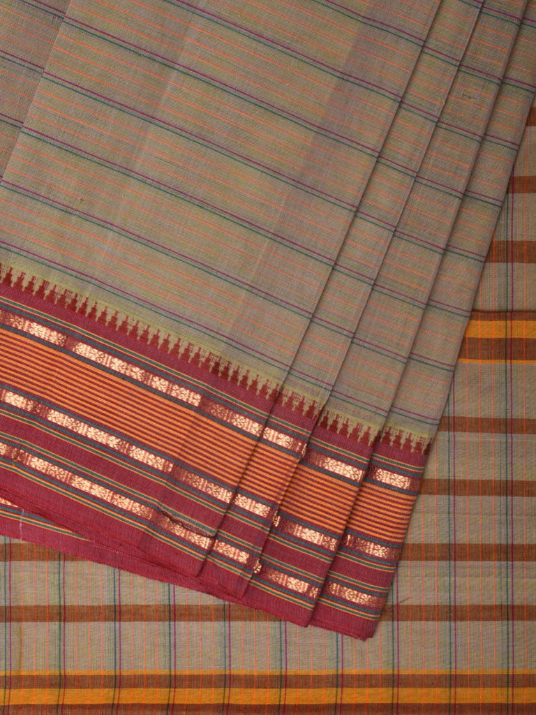 Khaki Narayanpet Cotton Handloom Saree with Strips Design No Blouse np0805