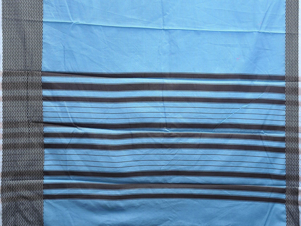 Light Blue and Black Bamboo Cotton Saree with Strips and Zig-Zag Border Design No Blouse bc0509