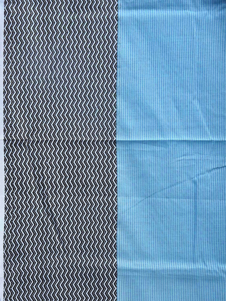Light Blue and Black Bamboo Cotton Saree with Strips and Zig-Zag Border Design No Blouse bc0509