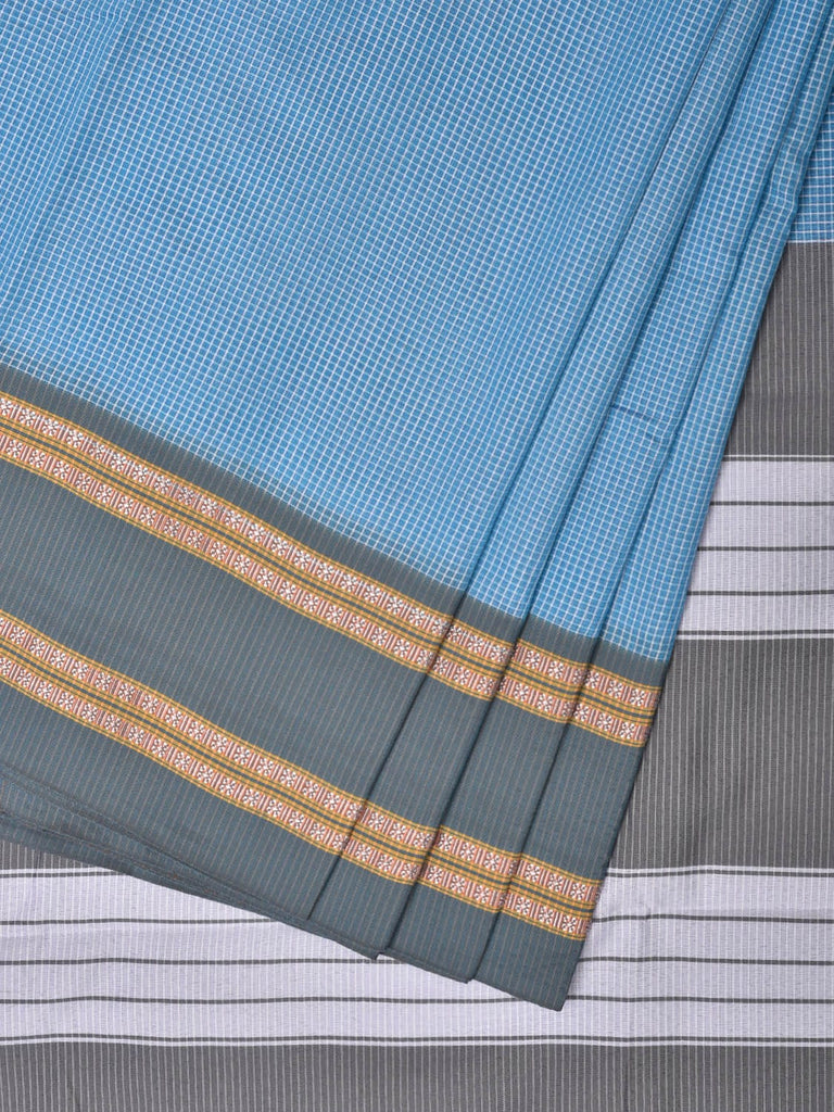 Light Blue and Grey Bamboo Cotton Saree with Small Checks Design No Blouse bc0263