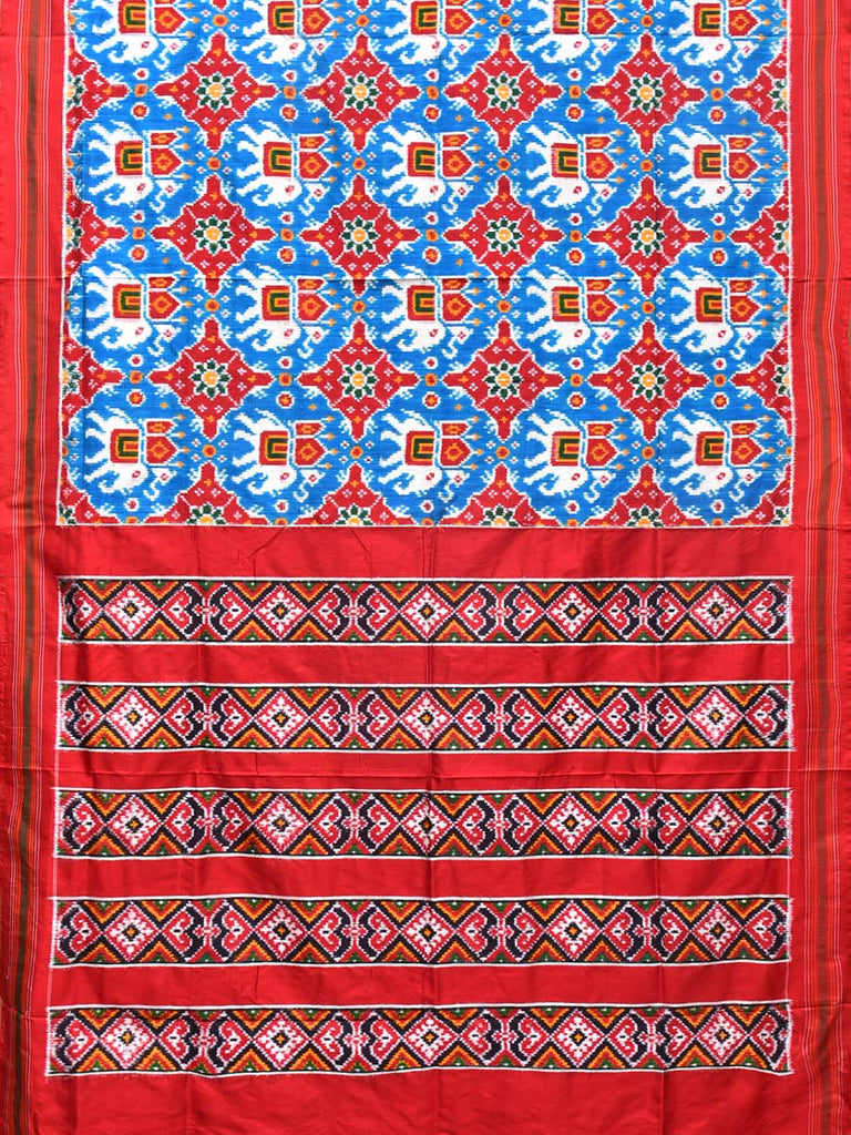 Light Blue and Red Pochampally Double Ikat Silk Handloom Saree with Elephant Design i0768