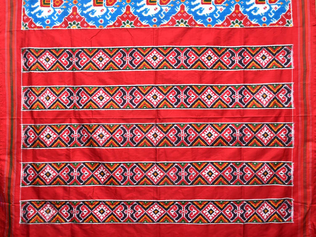 Light Blue and Red Pochampally Double Ikat Silk Handloom Saree with Elephant Design i0768