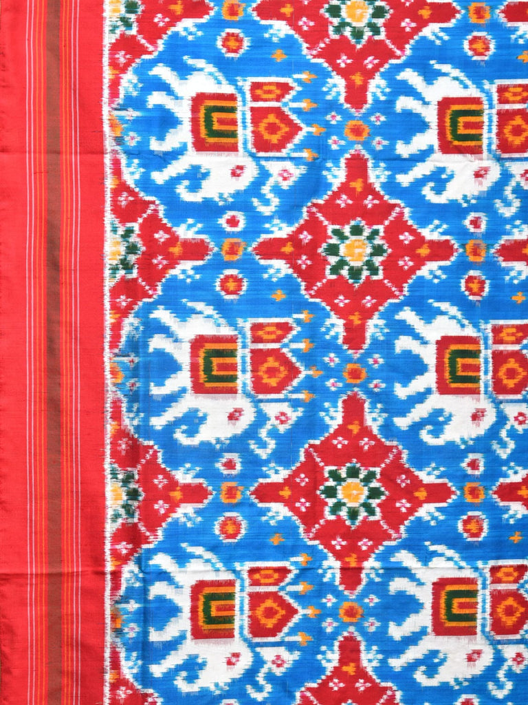 Light Blue and Red Pochampally Double Ikat Silk Handloom Saree with Elephant Design i0768