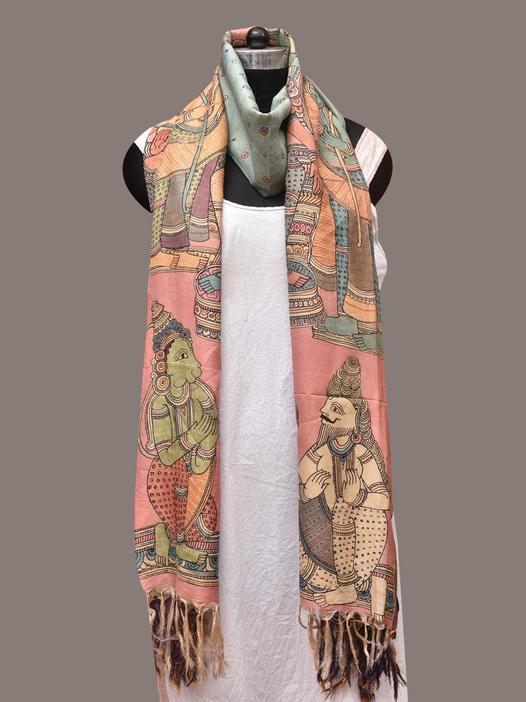 Light Blue Kalamkari Hand Painted Kanchipuram Silk Handloom Dupatta with Ram Sita Design ds3377