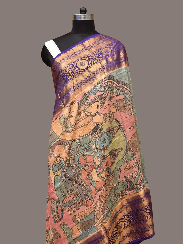 Light Blue Kalamkari Hand Painted Kanchipuram Silk Handloom Dupatta with Ram Sita Design ds3377