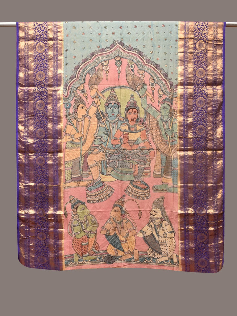 Light Blue Kalamkari Hand Painted Kanchipuram Silk Handloom Dupatta with Ram Sita Design ds3377