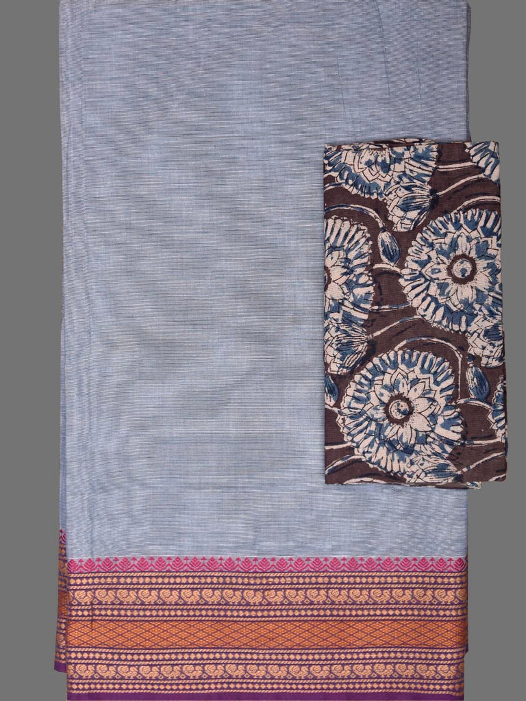 Light Blue Kanchipuram Cotton Plain Saree with Strips Pallu Design and Kalamkari Blouse k0998