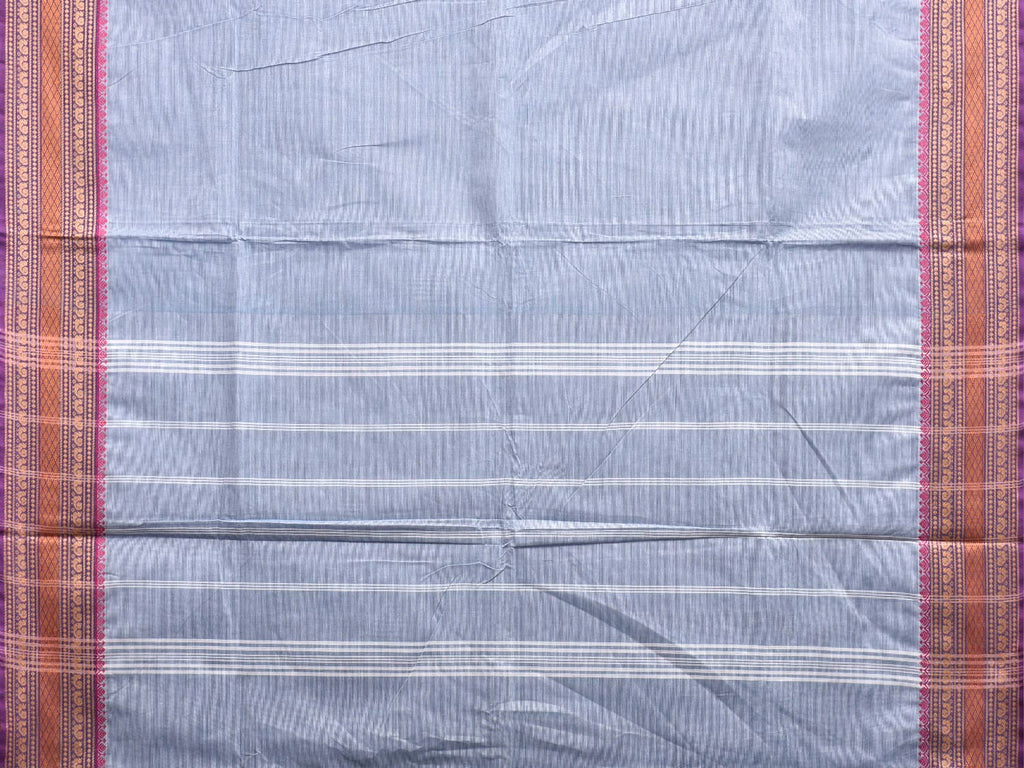 Light Blue Kanchipuram Cotton Plain Saree with Strips Pallu Design and Kalamkari Blouse k0998