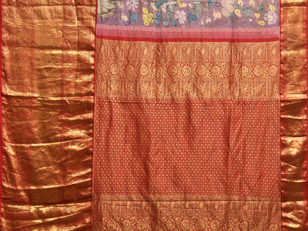 Light Burdungy and Red Kalamkari Hand Painted Kanchipuram Silk Handloom Saree with Village Theme Design KL0813