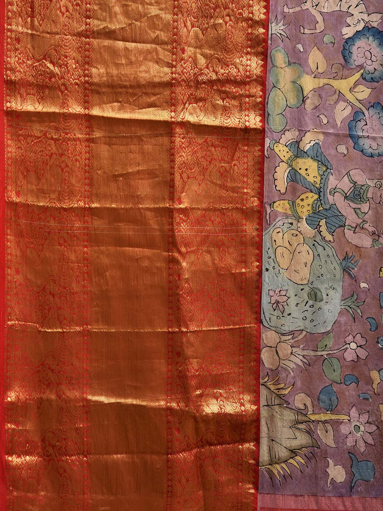 Light Burdungy and Red Kalamkari Hand Painted Kanchipuram Silk Handloom Saree with Village Theme Design KL0813