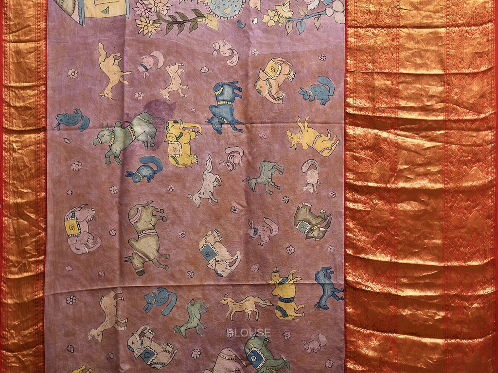 Light Burdungy and Red Kalamkari Hand Painted Kanchipuram Silk Handloom Saree with Village Theme Design KL0813