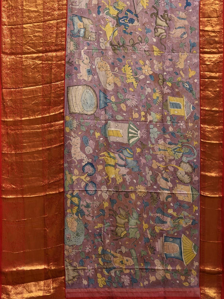 Light Burdungy and Red Kalamkari Hand Painted Kanchipuram Silk Handloom Saree with Village Theme Design KL0813