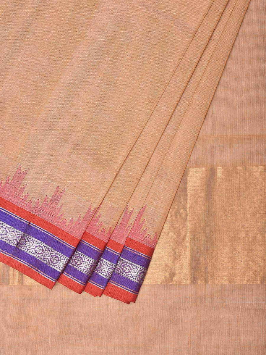 Light Fawn and Red Khadi Cotton Handloom Plain Saree with Temple Border ...