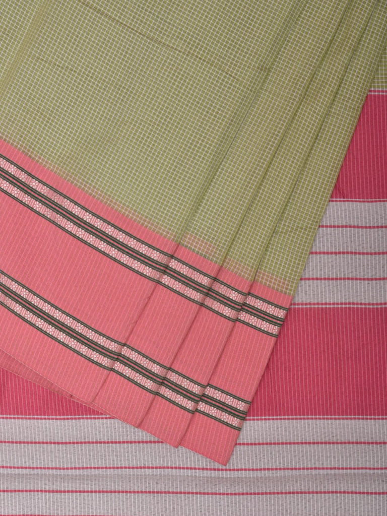 Light Green and Baby Pink Bamboo Cotton Saree with Small Checks Design No Blouse bc0288