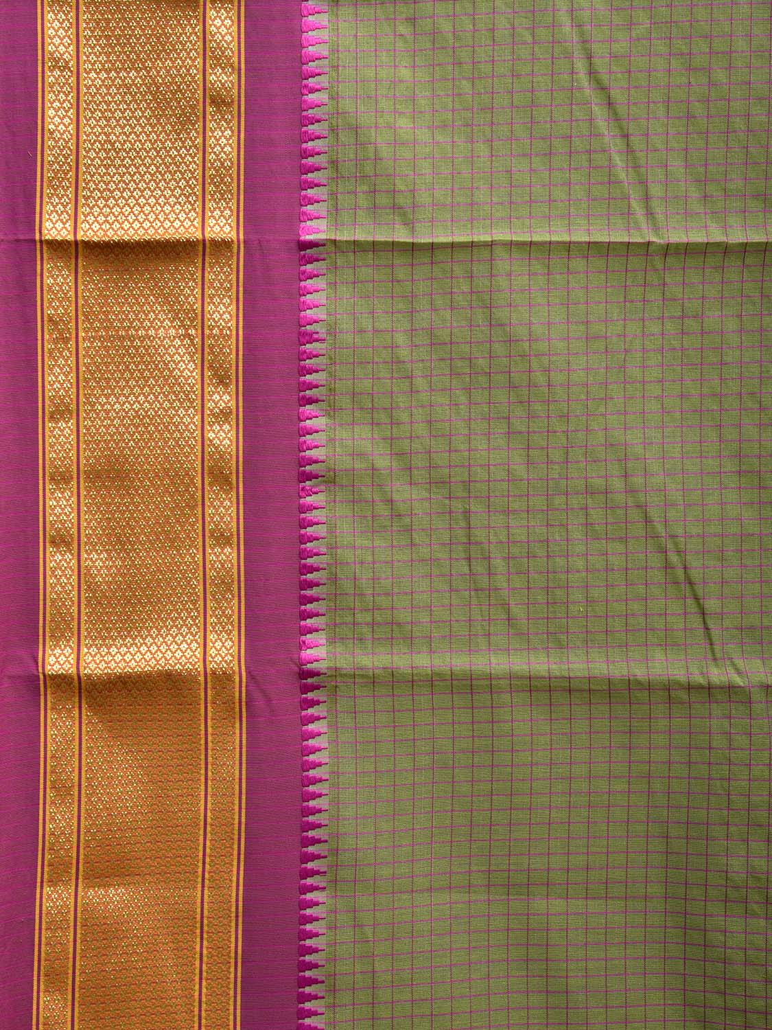 Light Green and Pink Bamboo Cotton Saree with Checks Design and Narali ...