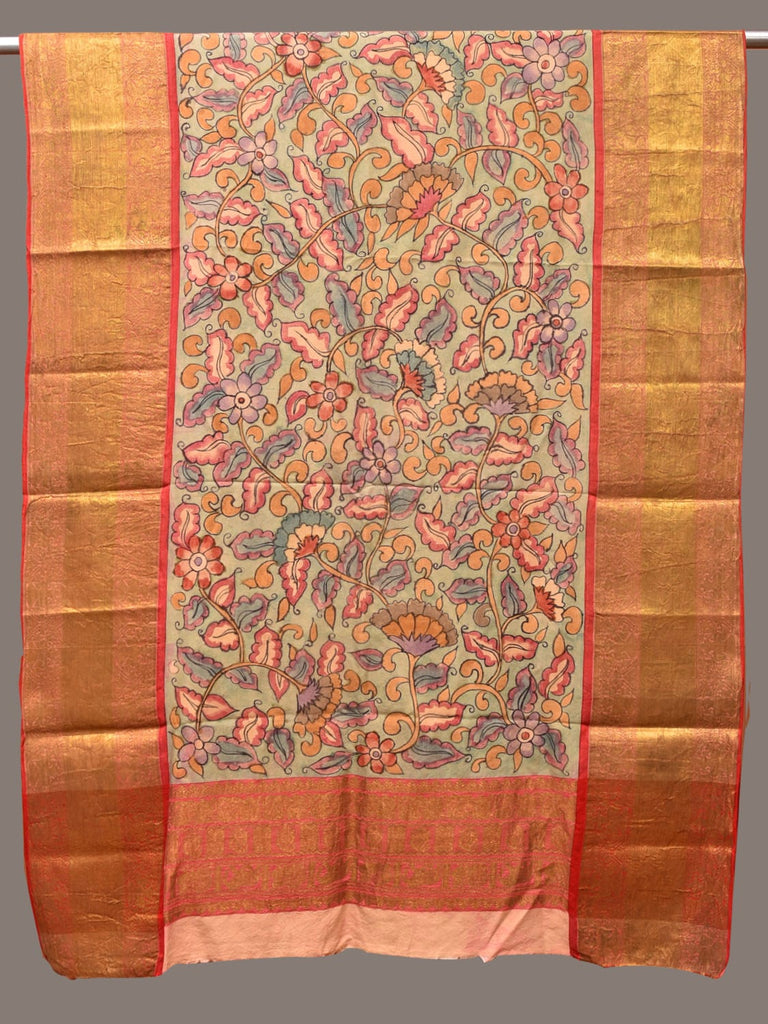 Light Green and Red Kalamkari Hand Painted Kanchipuram Silk Handloom Dupatta with Floral Design ds3321