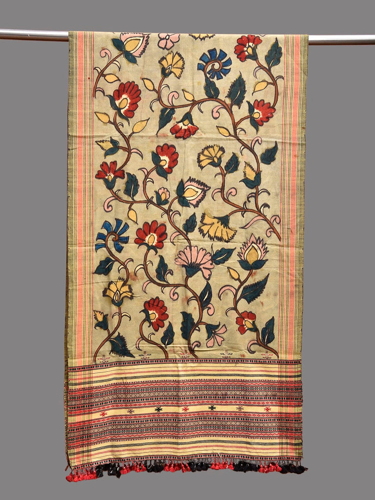 Light Green Kalamkari Hand Painted Cotton Bhujodi Stole with Floral Design ds3772