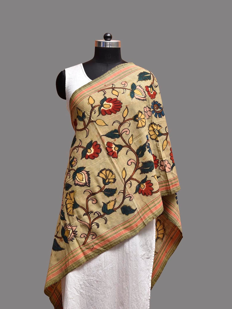 Light Green Kalamkari Hand Painted Cotton Bhujodi Stole with Floral Design ds3772