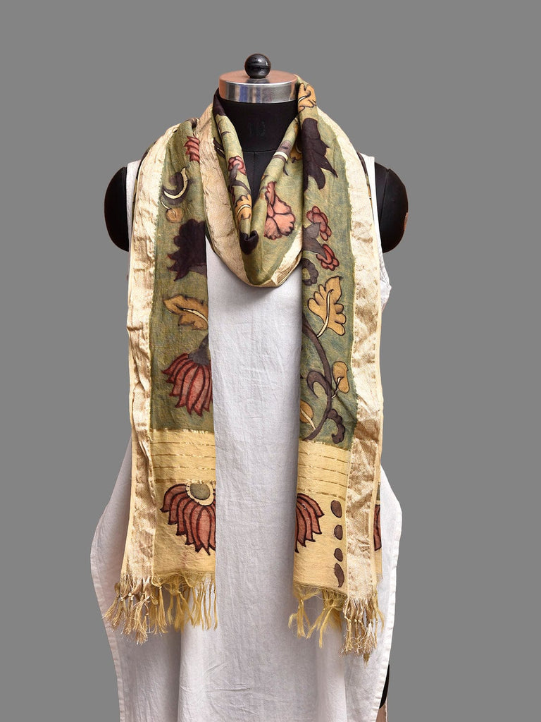 Light Green Kalamkari Hand Painted Cotton Silk Dupatta with Lotus Flowers Design ds3824