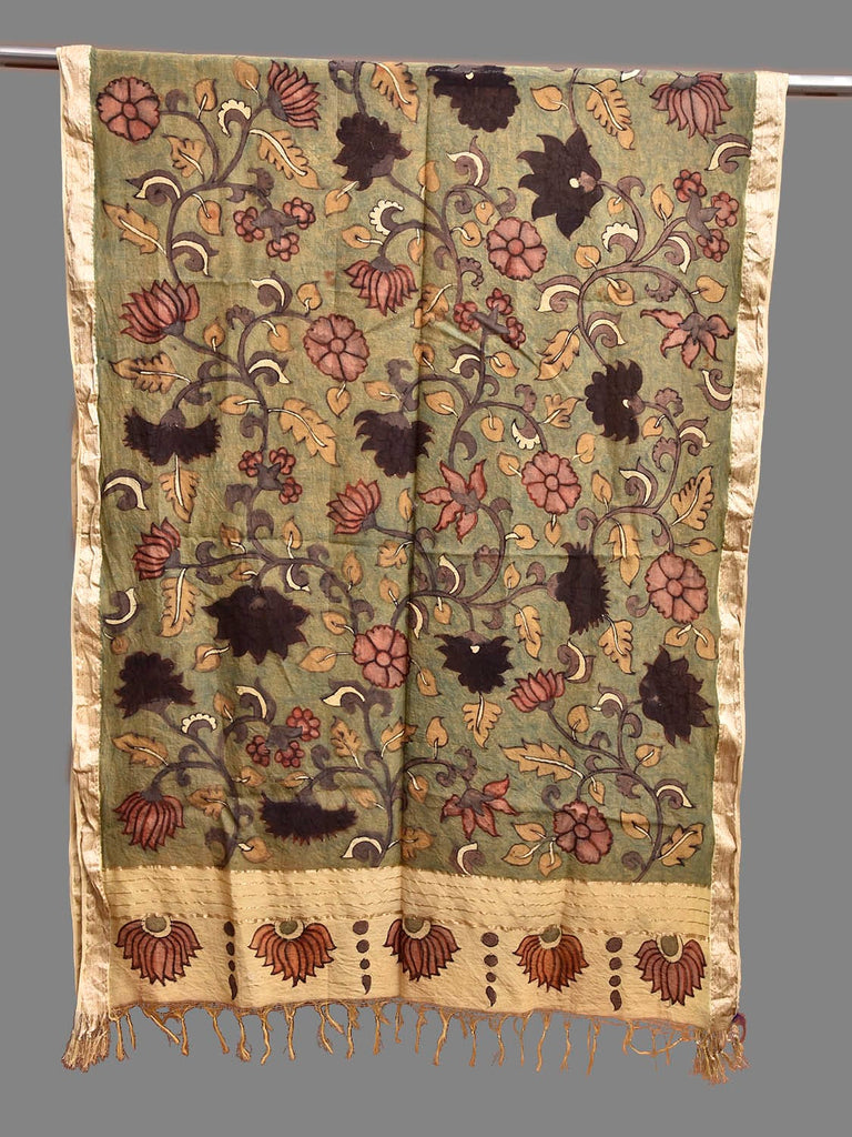 Light Green Kalamkari Hand Painted Cotton Silk Dupatta with Lotus Flowers Design ds3824