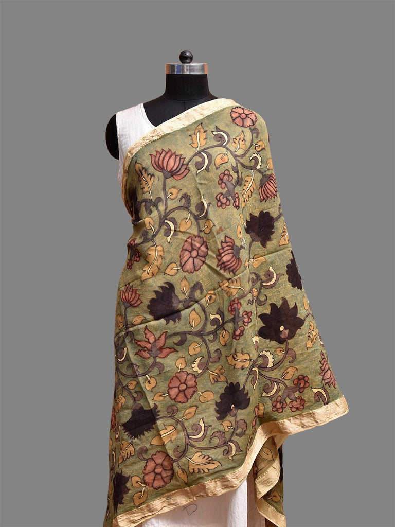 Light Green Kalamkari Hand Painted Cotton Silk Dupatta with Lotus Flowers Design ds3824