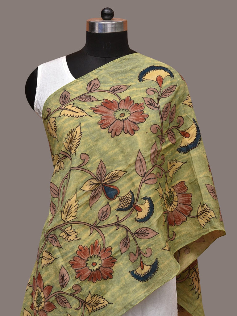 Light Green Kalamkari Hand Painted Sico Stole with Floral Design ds3559