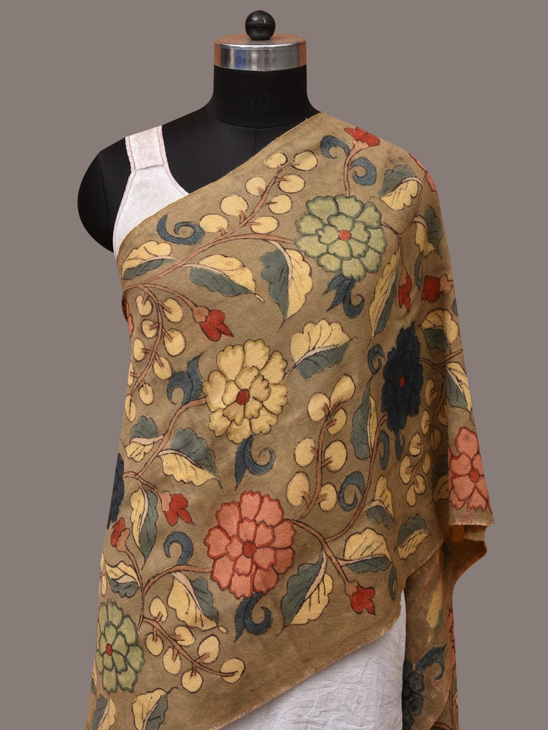 Light Green Kalamkari Hand Painted Woolen Handloom Stole with Floral Design ds3539
