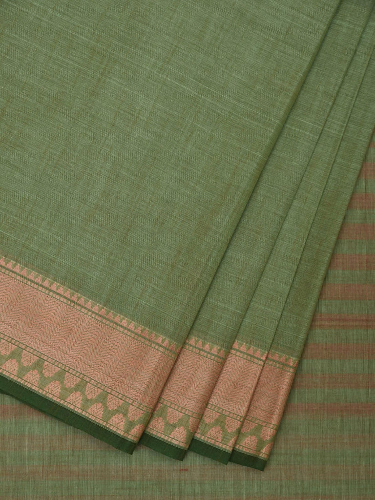 Light Green Kanchipuram Cotton Handloom Saree with Border and Strips Pallu Design k0541