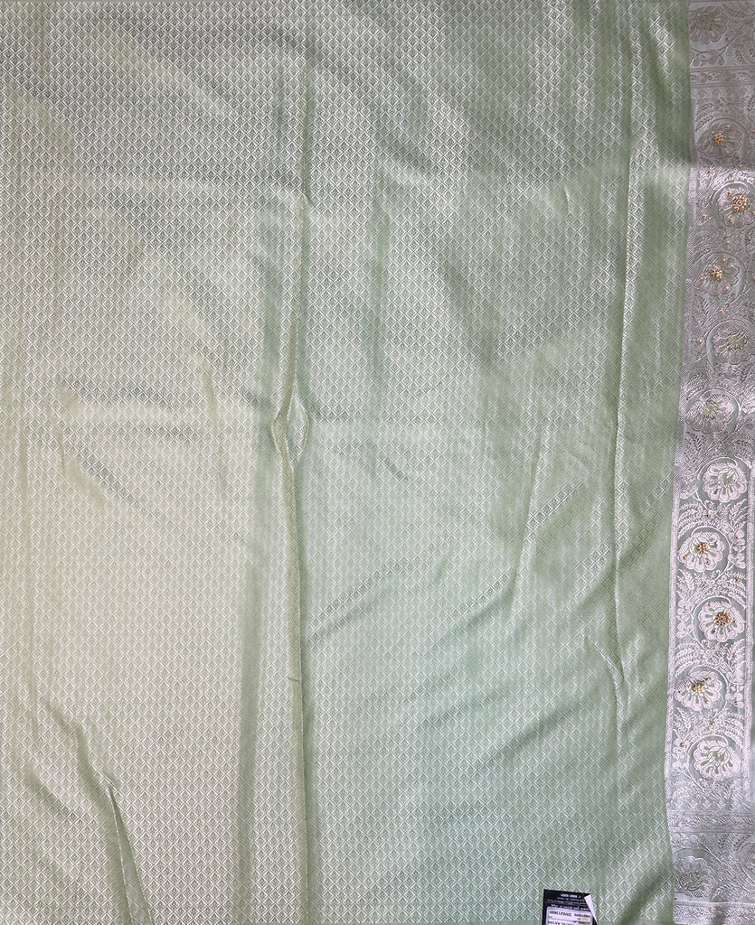 Light Green Katan Banarasi Saree with Silver Zari Floral Weaving And Grand Pallu B0628ds