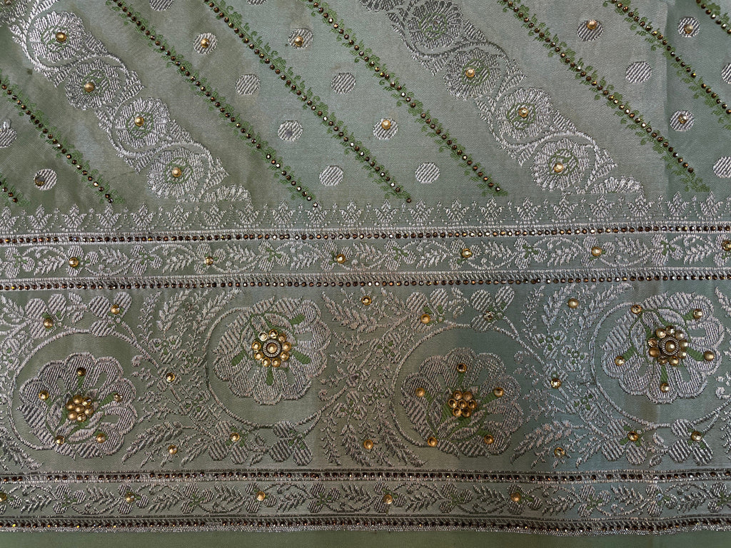 Light Green Katan Banarasi Saree with Silver Zari Floral Weaving And Grand Pallu B0628ds