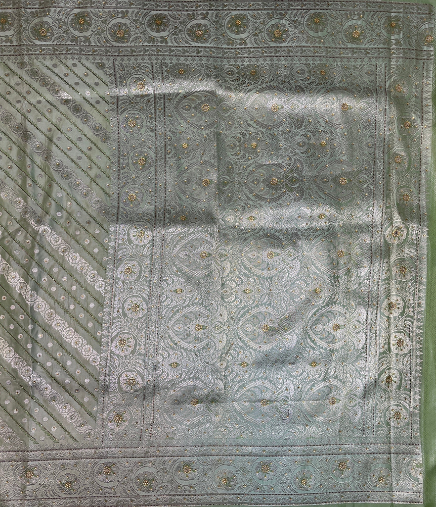 Light Green Katan Banarasi Saree with Silver Zari Floral Weaving And Grand Pallu B0628ds