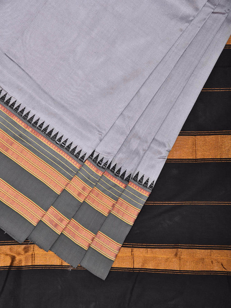 Light Grey and Black Narayanpet Silk Handloom Plain Saree with Contrast Pallu Design No Blouse np1063